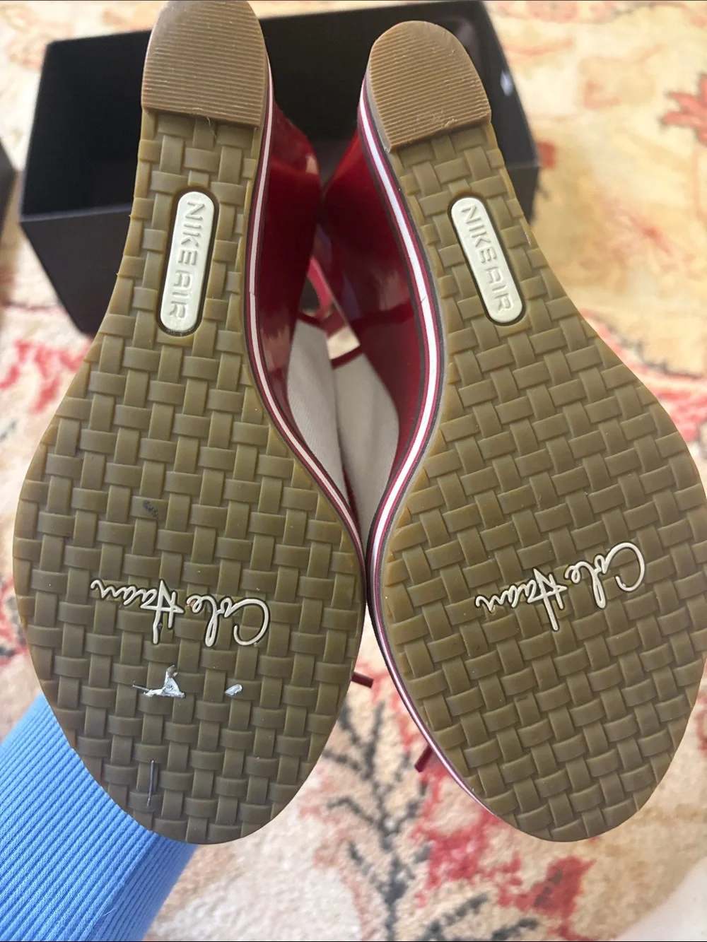 Cole Haan Red and White Slingback Wedge Sandals with Bow Detail